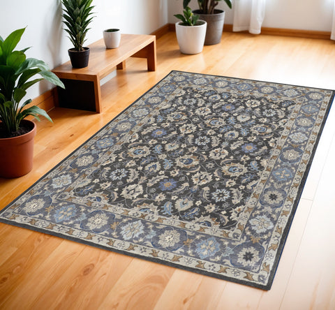 4' X 6' Taupe Blue And Ivory Wool Floral Tufted Handmade Area Rug