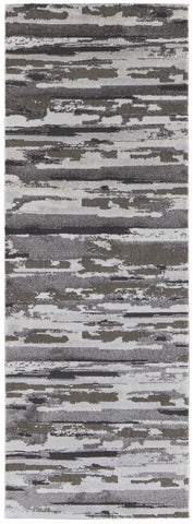 8' Gray Ivory And Brown Abstract Distressed Runner Rug