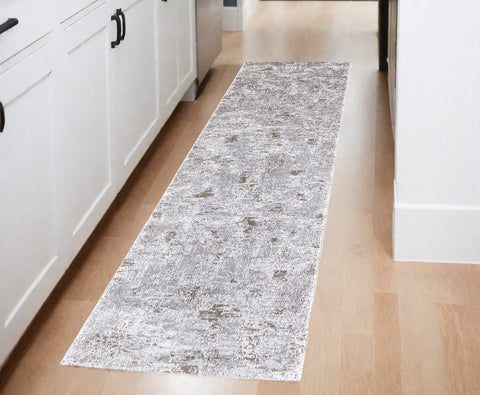 8' Gray And Ivory Abstract Distressed Runner Rug
