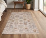 4' X 6' Ivory Tan And Blue Floral Hand Knotted Area Rug