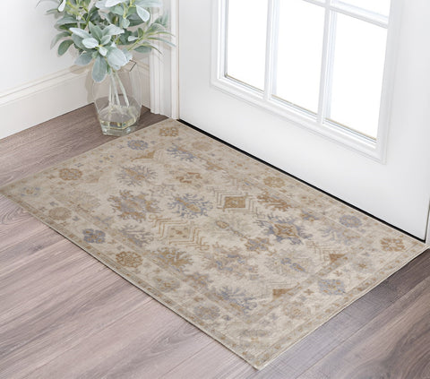 2' X 3' Ivory Tan And Blue Floral Hand Knotted Area Rug