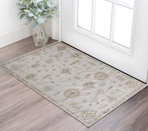 2' X 3' Ivory And Orange Floral Hand Knotted Stain Resistant Area Rug