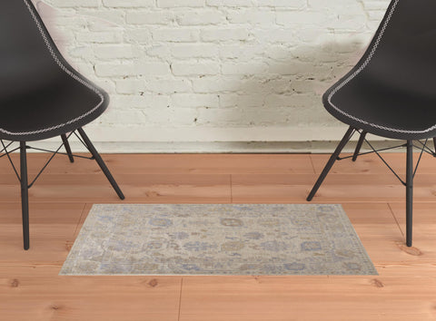 2' X 3' Tan Orange And Blue Floral Hand Knotted Stain Resistant Area Rug