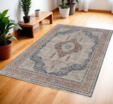 4' X 6' Gray Red And Blue Floral Area Rug