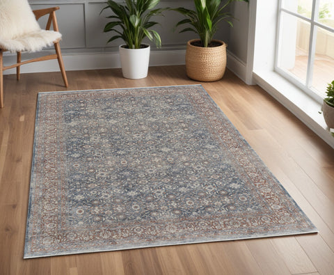 4' X 6' Blue Beige And Red Floral Area Rug