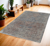 4' X 6' Blue Red And Gray Floral Area Rug