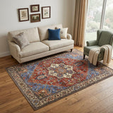 5' X 8' Blue And Orange Floral Medallion Area Rug