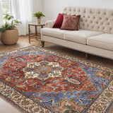 5' X 8' Blue And Orange Floral Medallion Area Rug