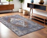 4' X 6' Blue Ivory And Brown Floral Area Rug