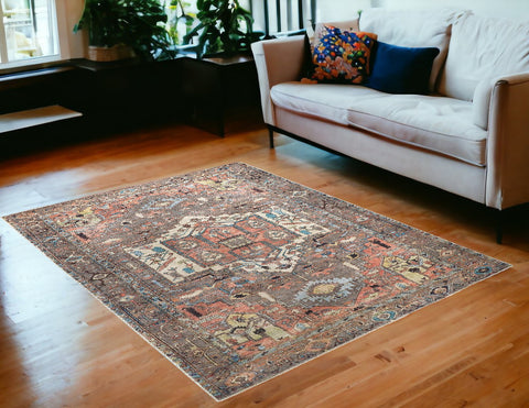 5' X 8' Taupe Red And Brown Floral Area Rug