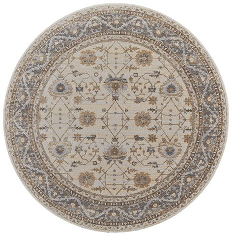 8' Tan Ivory And Gray Oriental Distressed Round Rug