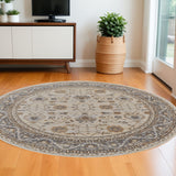 8' Tan Ivory And Gray Oriental Distressed Round Rug