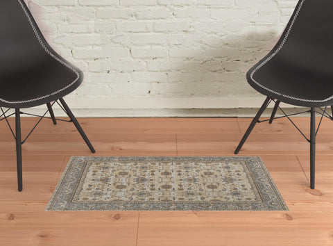 2' X 3' Tan Ivory And Gray Oriental Area Rug