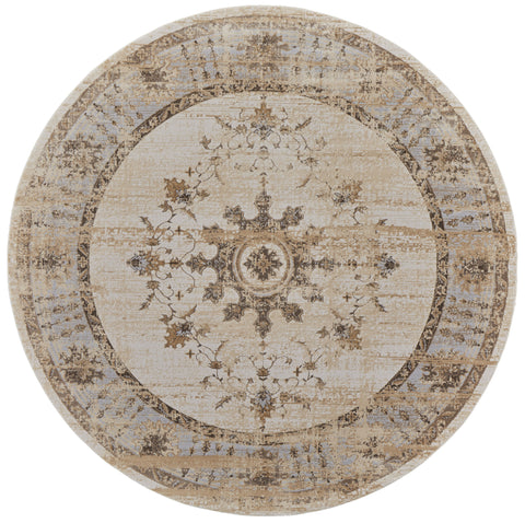 8' Tan Brown And Gray Oriental Distressed Round Rug