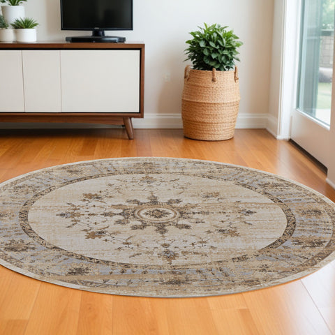 8' Tan Brown And Gray Oriental Distressed Round Rug