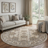 8' Tan And Brown Oriental Distressed Round Rug