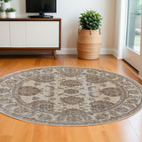 8' Tan And Brown Oriental Distressed Round Rug