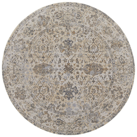 8' Gray Ivory And Tan Oriental Distressed Round Rug