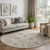 8' Gray Ivory And Tan Oriental Distressed Round Rug