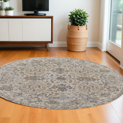 8' Gray Ivory And Tan Oriental Distressed Round Rug