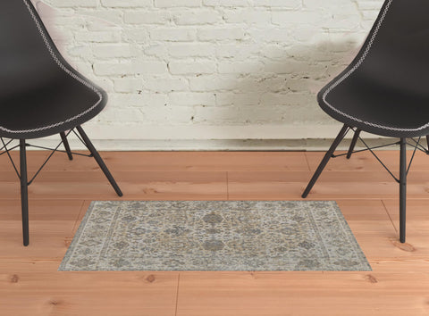 2' X 3' Gray Ivory And Tan Oriental Area Rug