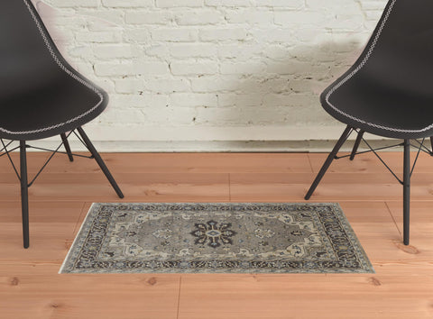 2' X 3' Beige Blue And Gray Wool Medallion Hand Knotted Area Rug