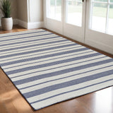 2' X 3' Blue And Ivory Striped Dhurrie Hand Woven Stain Resistant Area Rug