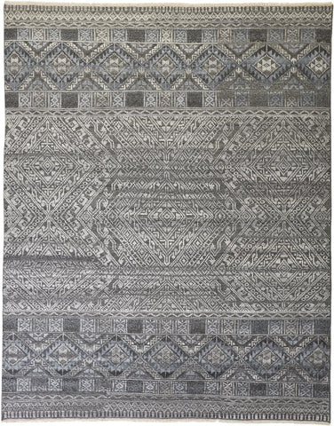 2' X 3' Gray and Ivory Geometric Hand Knotted Area Rug
