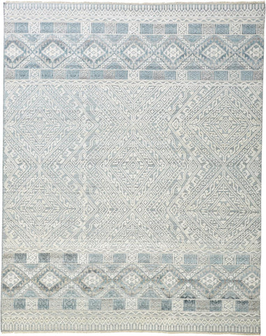 2' X 3' Ivory and Blue Geometric Hand Knotted Area Rug