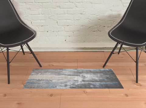 2' X 3' Gray Ivory And Blue Abstract Area Rug