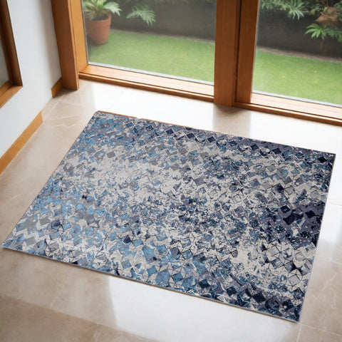 2' X 3' Blue Ivory And Gray Geometric Distressed Area Rug