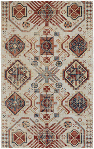 2' X 3' Ivory Red And Tan Abstract Power Loom Distressed Stain Resistant Area Rug
