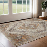 2' X 3' Ivory Blue and Orange Medallion Distressed Washable Area Rug