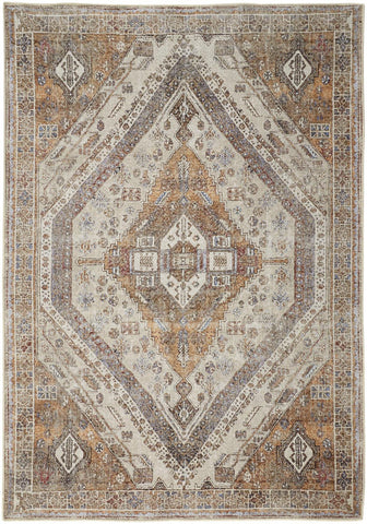2' X 3' Ivory Blue and Orange Medallion Distressed Washable Area Rug