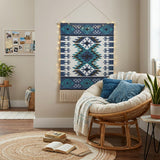36" X 20" Blue Ivory And Teal Southwestern Cotton Hanging Tapestry