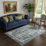 5' X 7' Blue Floral Stain Resistant Area Rug
