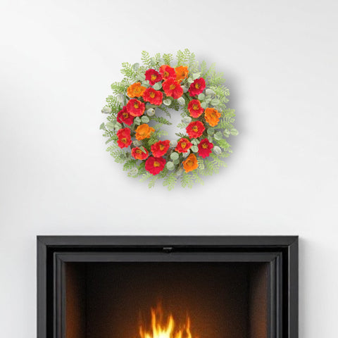 19" Green Orange And Red Fern And Poppy Artificial Wreath