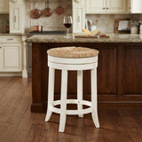 24" Natural And Antiqued White Rush And Solid Wood Backless Counter Height Swivel Bar Chair