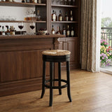 30" Natural And Black Rush And Solid Wood Backless Bar Height Swivel Bar Chair