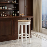 30" Natural And Antiqued White Rush And Solid Wood Backless Bar Height Swivel Bar Chair