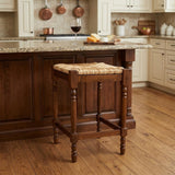 24" Natural And Brown Rush And Solid Wood Backless Counter Height Bar Chair