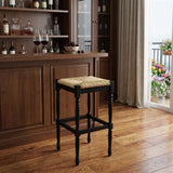 29" Natural And Black Rush And Solid Wood Backless Bar Height Bar Chair