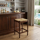 29" Natural And Chestnut Rush And Solid Wood Backless Bar Height Bar Chair