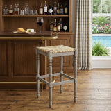 29" Natural And Gray Rush And Solid Wood Backless Bar Height Bar Chair