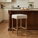 24" Cream And Natural Faux Leather And Fabric And Solid Wood Backless Counter Height Bar Chair