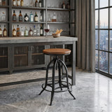 Chestnut And Black Solid Wood And Steel Backless Adjustable Height Swivel Bar Chair