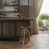 Brown And Gold Solid Wood And Steel Backless Adjustable Height Swivel Bar Chair