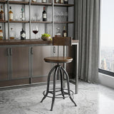Chestnut And Black Solid Wood And Steel Low Back Adjustable Height Swivel Bar Chair