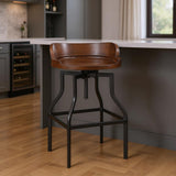 Chestnut And Black Solid Wood And Steel Backless Adjustable Height Swivel Bar Chair