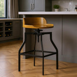Chestnut And Black Solid Wood And Steel Backless Adjustable Height Swivel Bar Chair